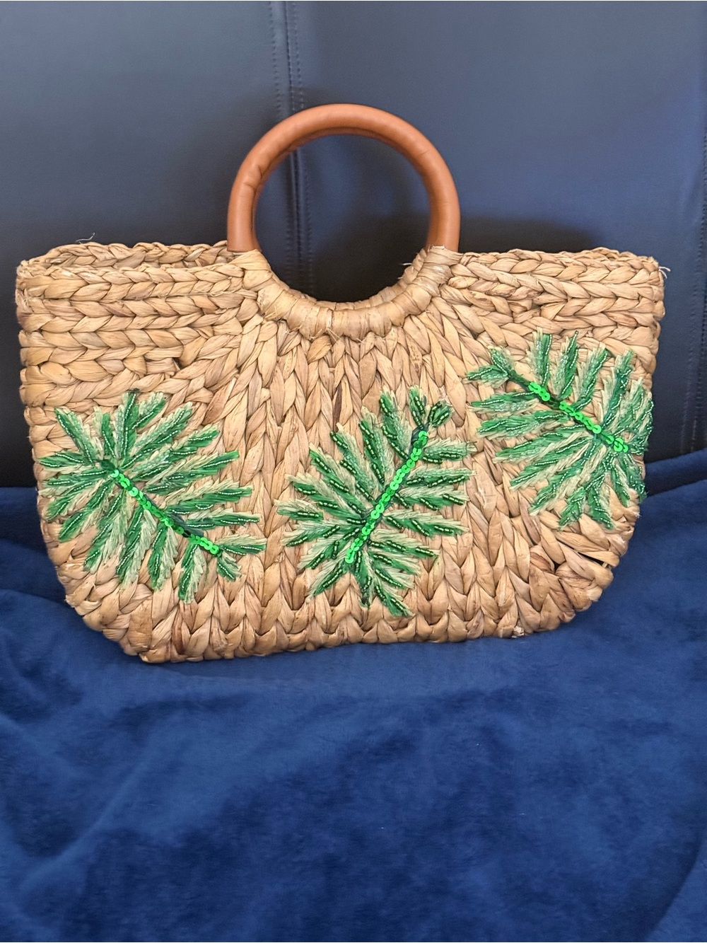 Natural Straw Tote with Green Sequin Leaf Embroidery